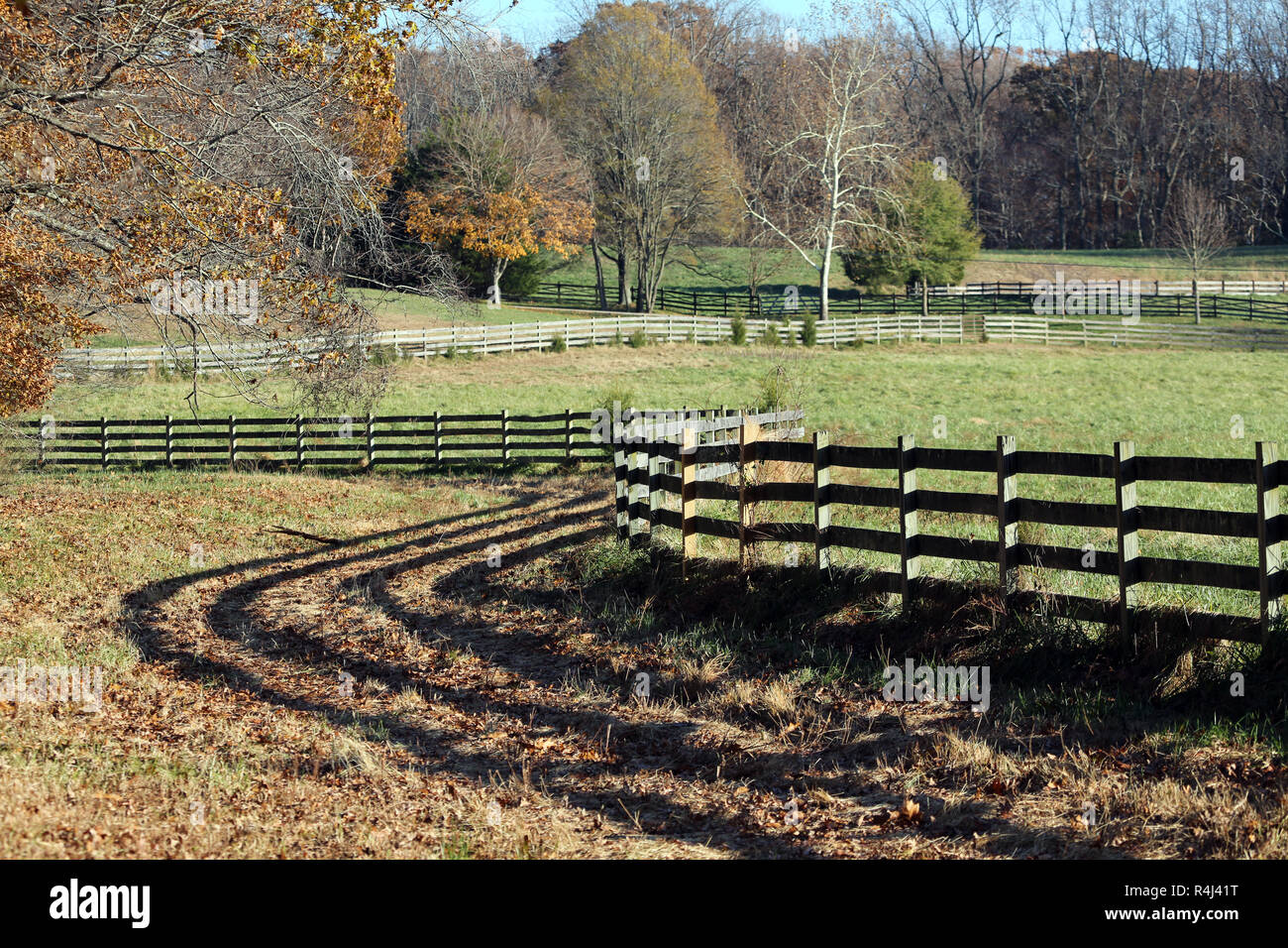 winding pasture fences on old farm Stock Photo