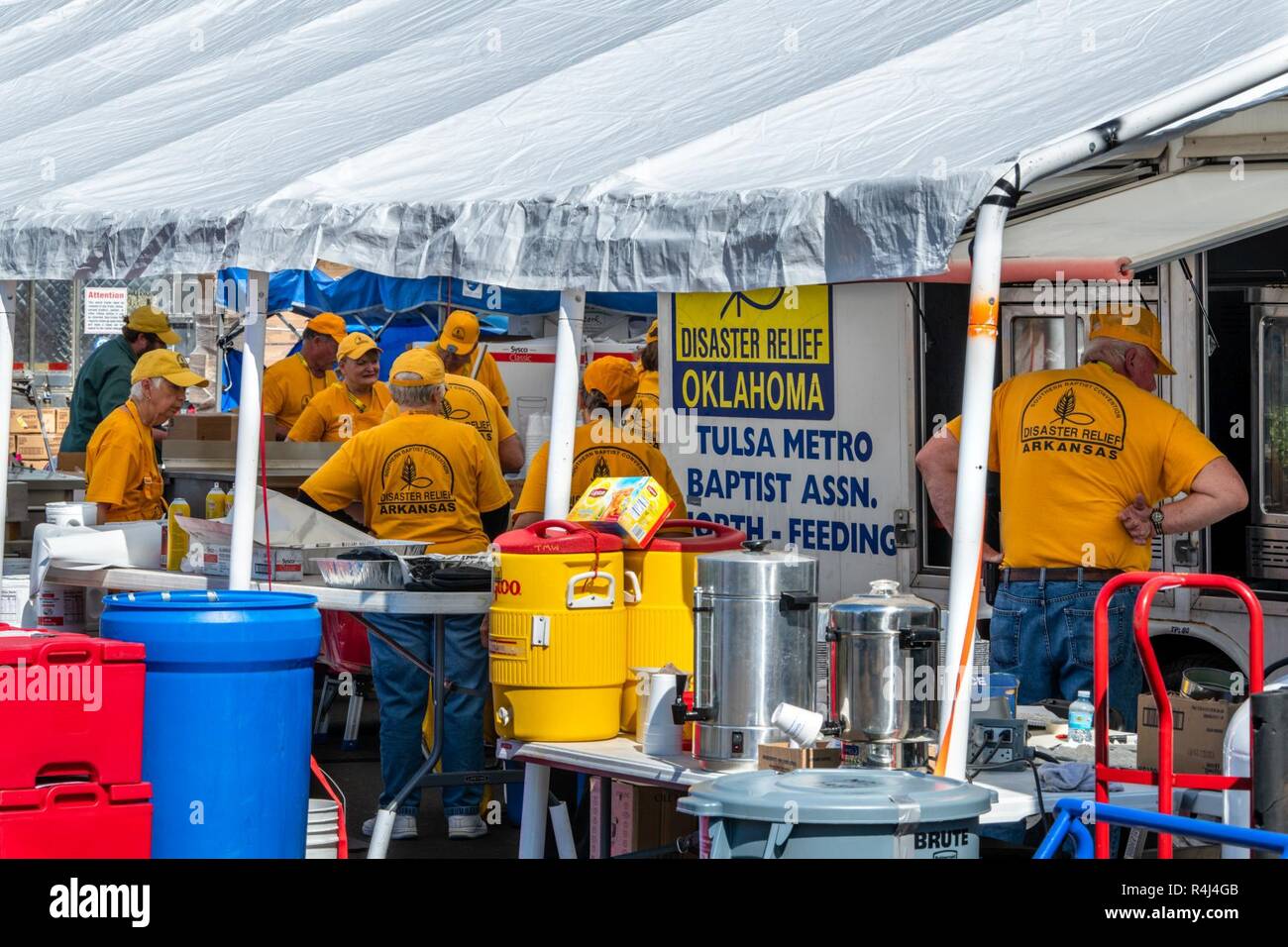 Panama City, FL., Oct.30, 2018--The Southern Baptist Convention Disaster Relief has activated kitchen units and points of distribution as well as disaster relief trailers with showers and washers and driers to assist survivors of Hurricane Michael. FEMA/K.C. Wilsey Stock Photo