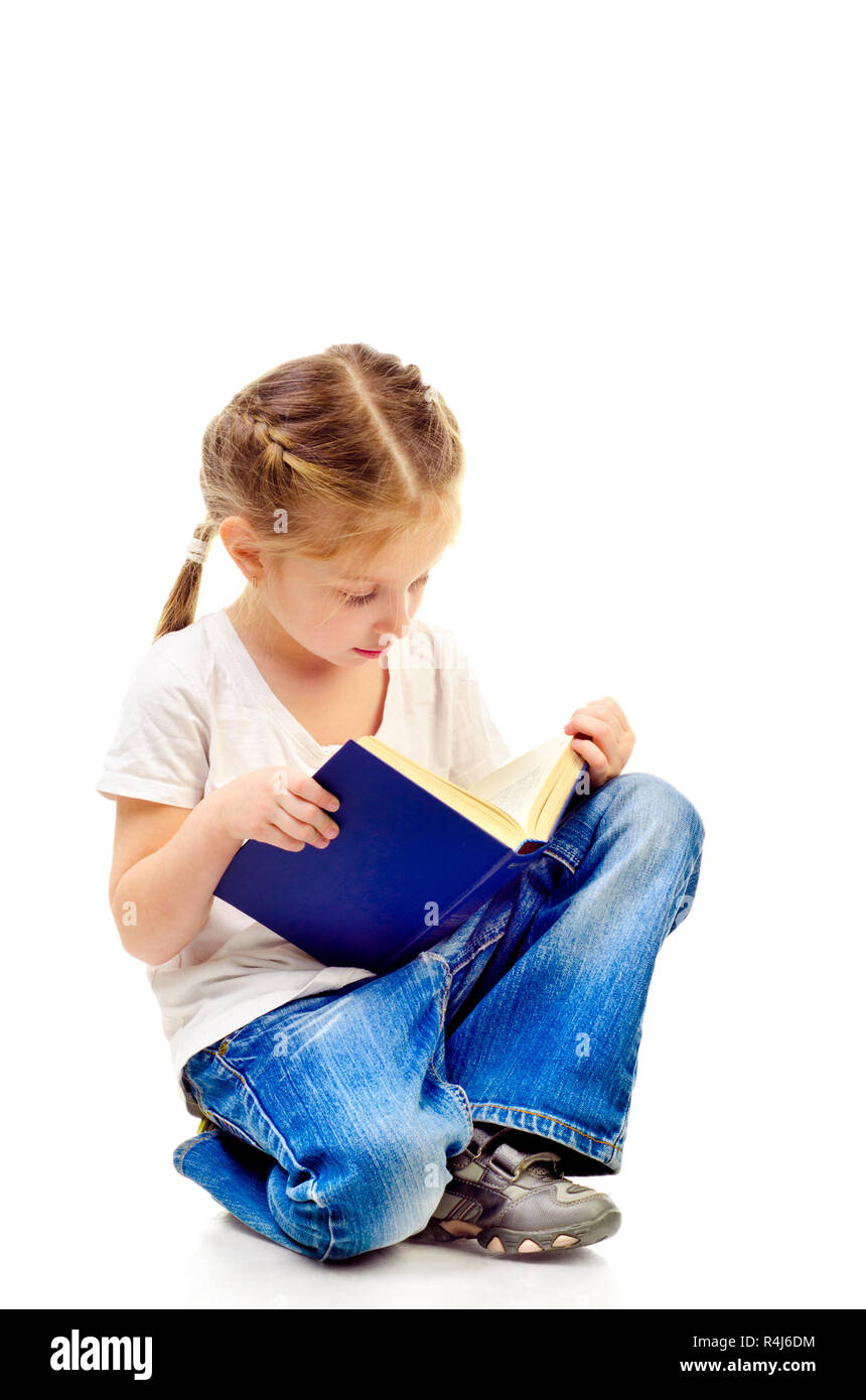little girl reading book isolated on a white background Stock Photo - Alamy