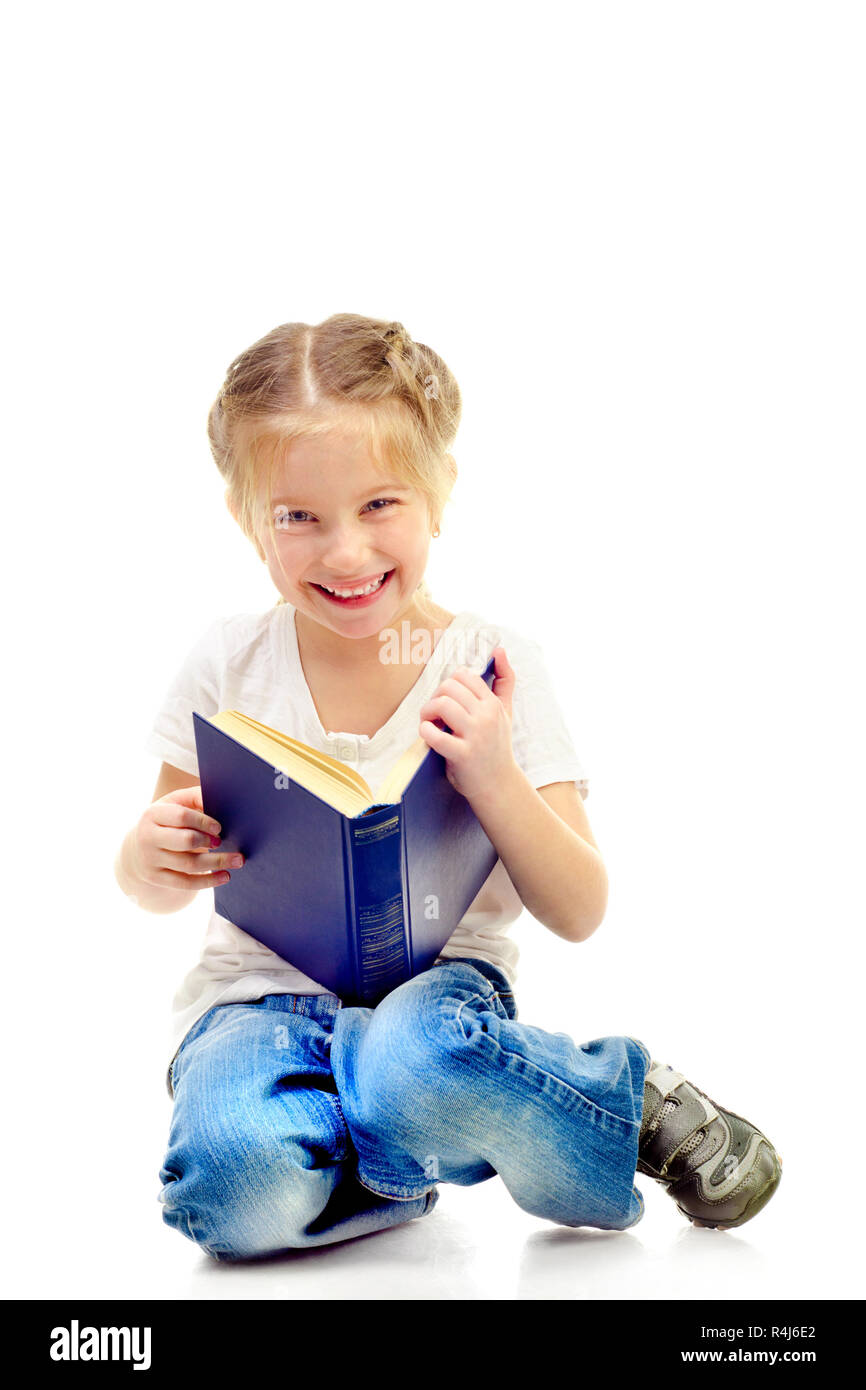 little girl reading book isolated on a white background Stock Photo - Alamy