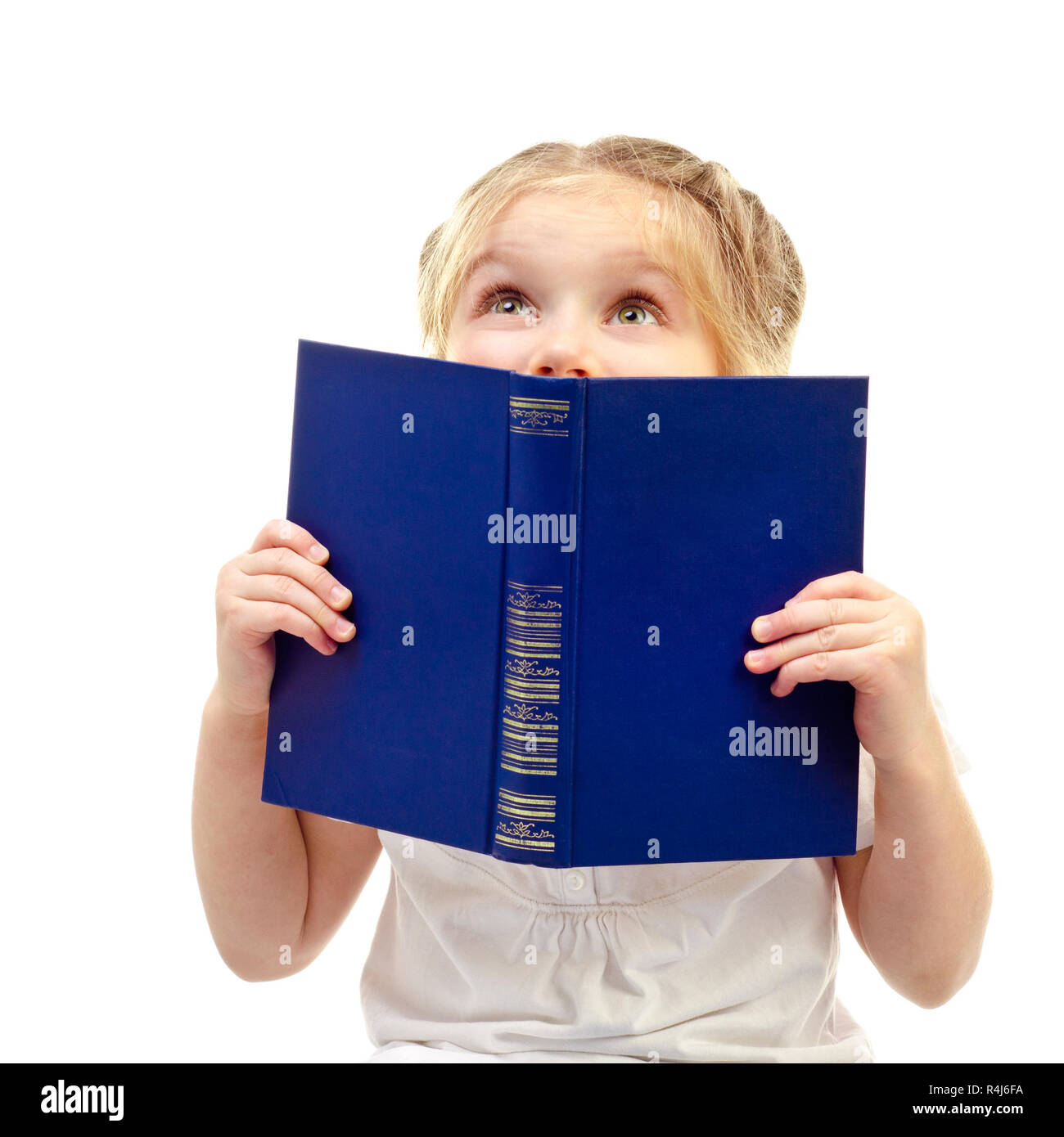 little girl reading book isolated on a white background Stock Photo - Alamy