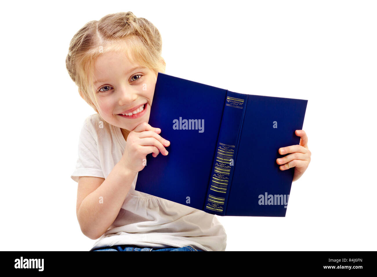 little girl reading book isolated on a white background Stock Photo - Alamy