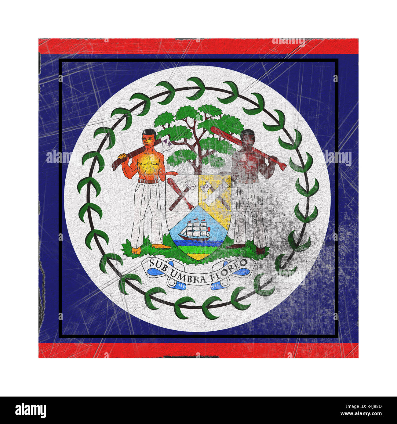 3d rendering of an old Belize flag in a concrete square Stock Photo