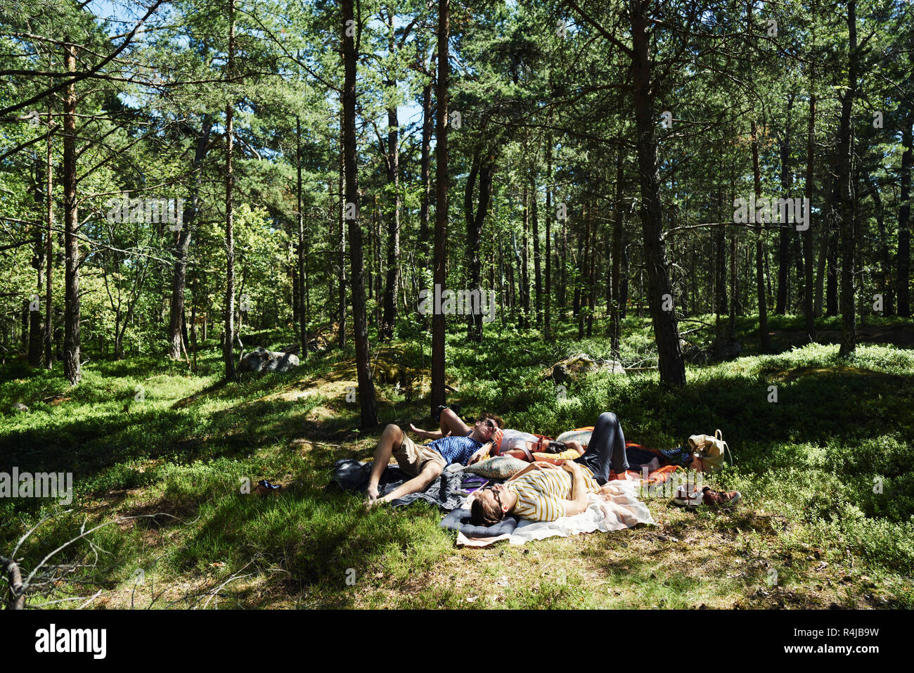 Young men lying in a forest in Djurgarden, Sweden Stock Photo