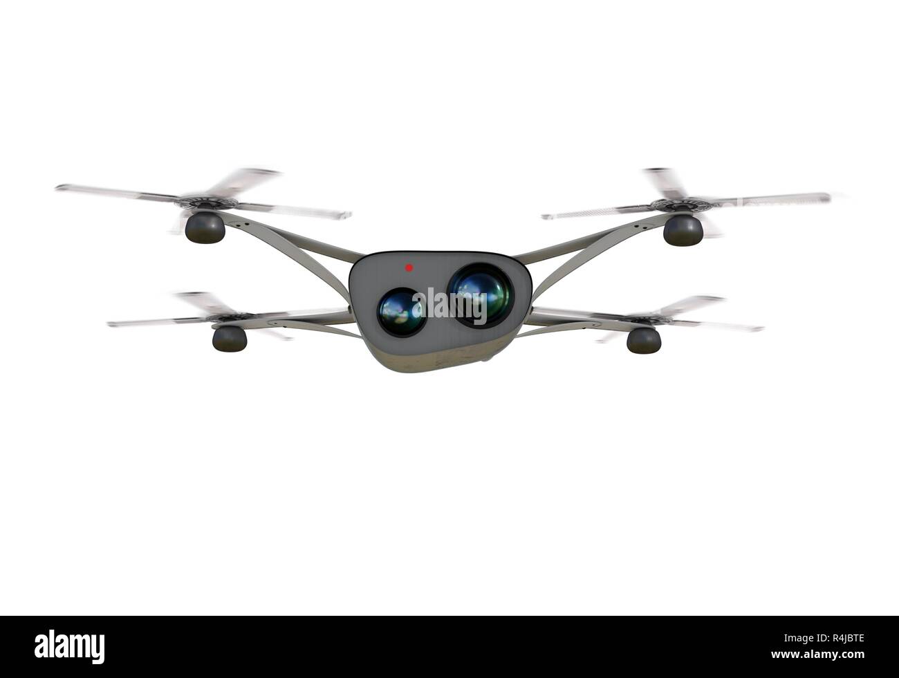 isolated modern camera drone in flight, front view of the futuristic black  concept 3D illustration Stock Photo