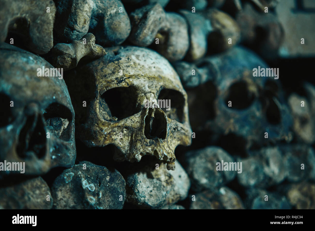 Human skulls in catacomb in Paris, France Stock Photo