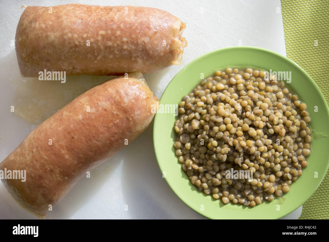 pork sausages and lentils Stock Photo Alamy