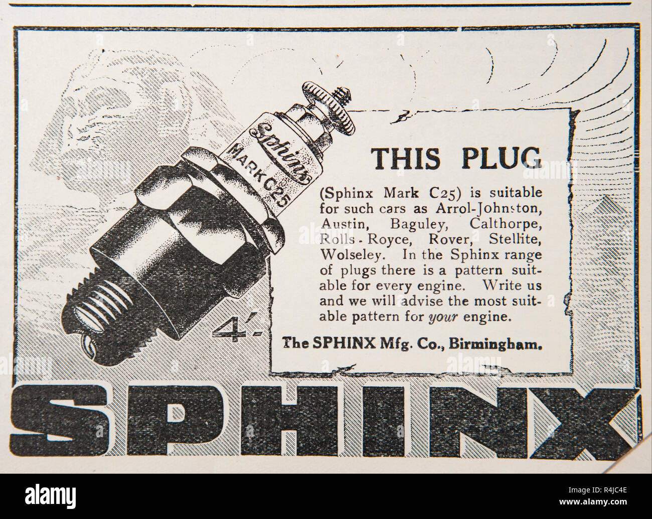 An old advert for Sphinx spark plugs. From an old British magazine from the 1914-1919 period. Stock Photo