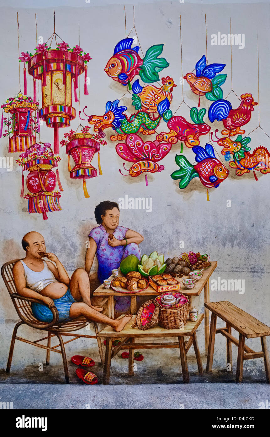 A Wall Painting In A Back Lane In Chinatown Singapore Depicting A Chinese Couple At Leisure Stock Photo Alamy