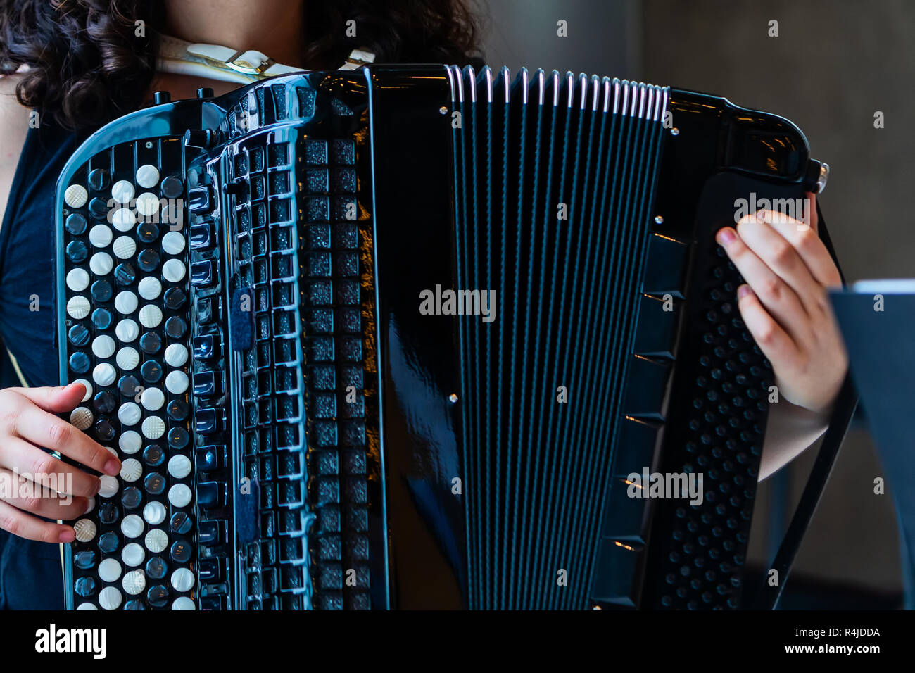 Close-up musician playing the accordion on the stage. Stock Photo