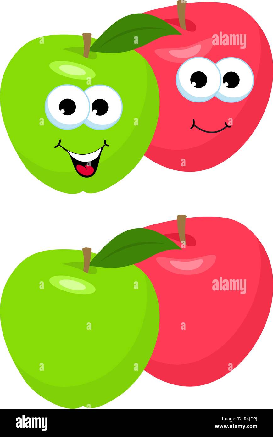 Set of Apples with leaf. Cute red and green apple character, mascot, decoration element, cartoon vector illustration isolated on white background. Concept of health care Stock Vector