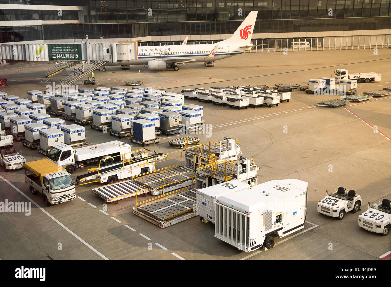 Tokyo, Japan -March 6, 2017; Air cargo unit load devices at Narita International Airport Stock Photo