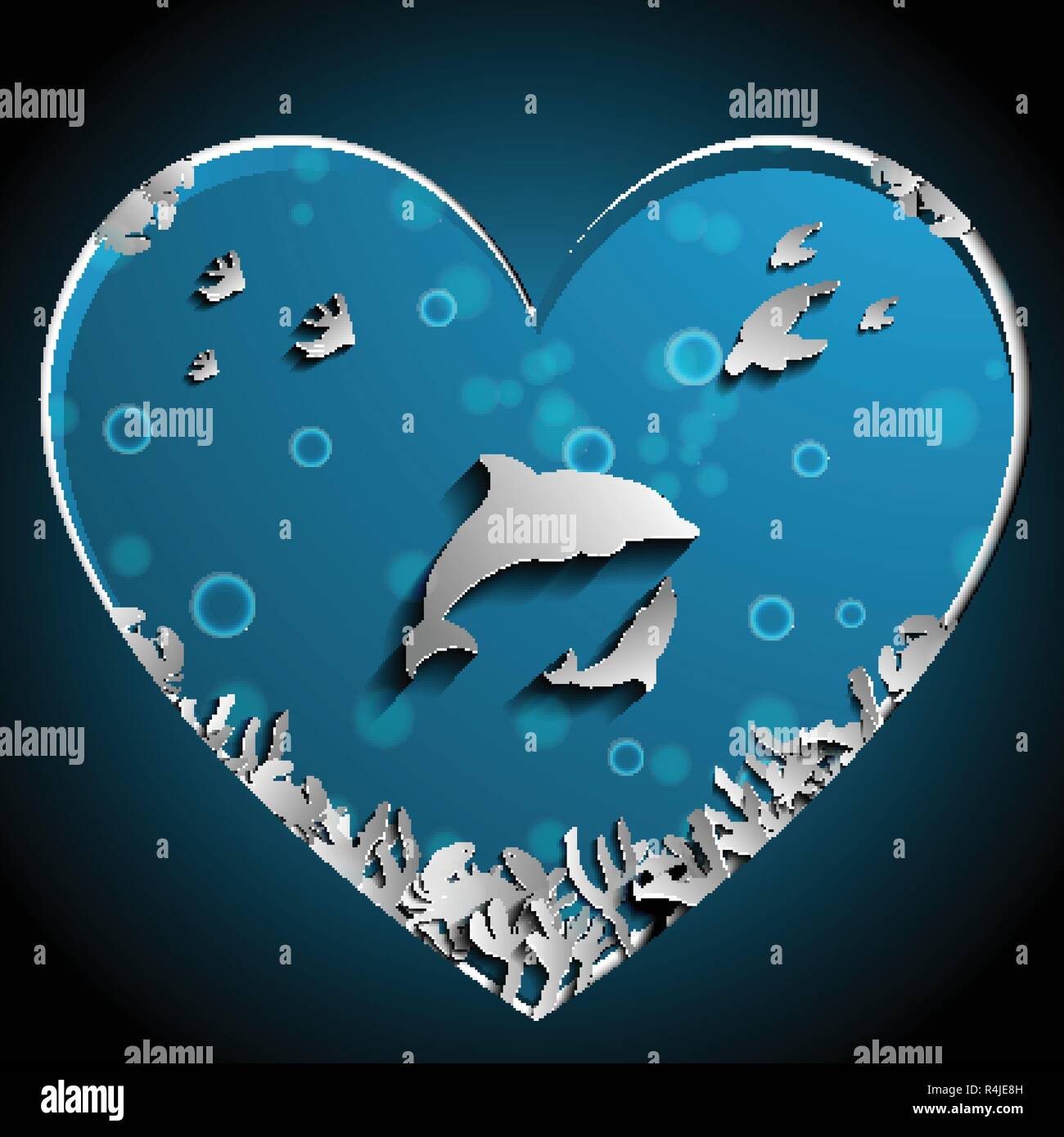 Loving of Dolphins under the sea papercut vector, art work. Nature and Ocean concept. Dolphin and animal theme. Stock Vector