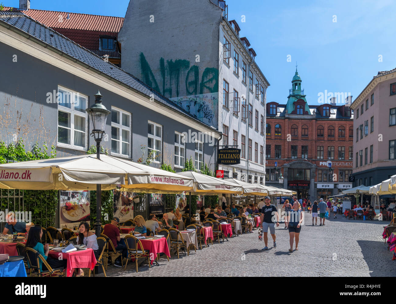 Cafes and restaurants on Fiolstræde in the Latin Quarter, Copenhagen, Zealand, Denmark Stock Photo