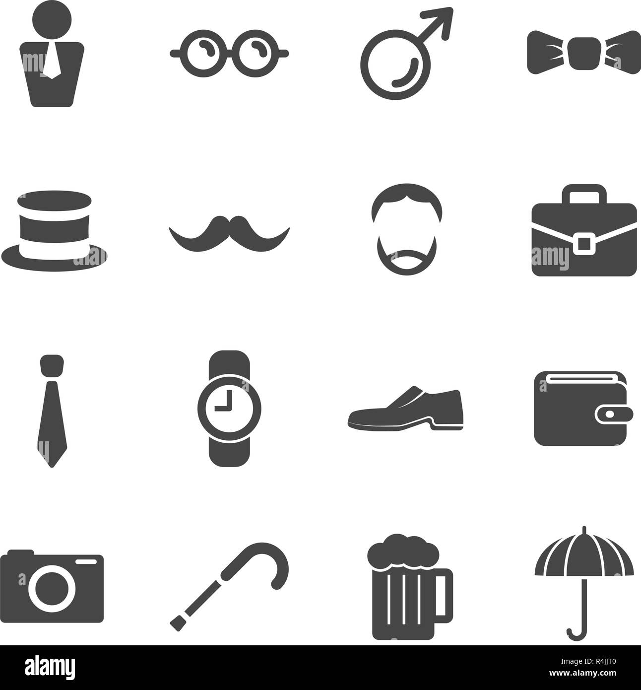 Men moustache props item icons. Participants grow a mustache and gentlemen accessories. Fashion of hat mask glasses and celebration. Flat icons Stock Vector
