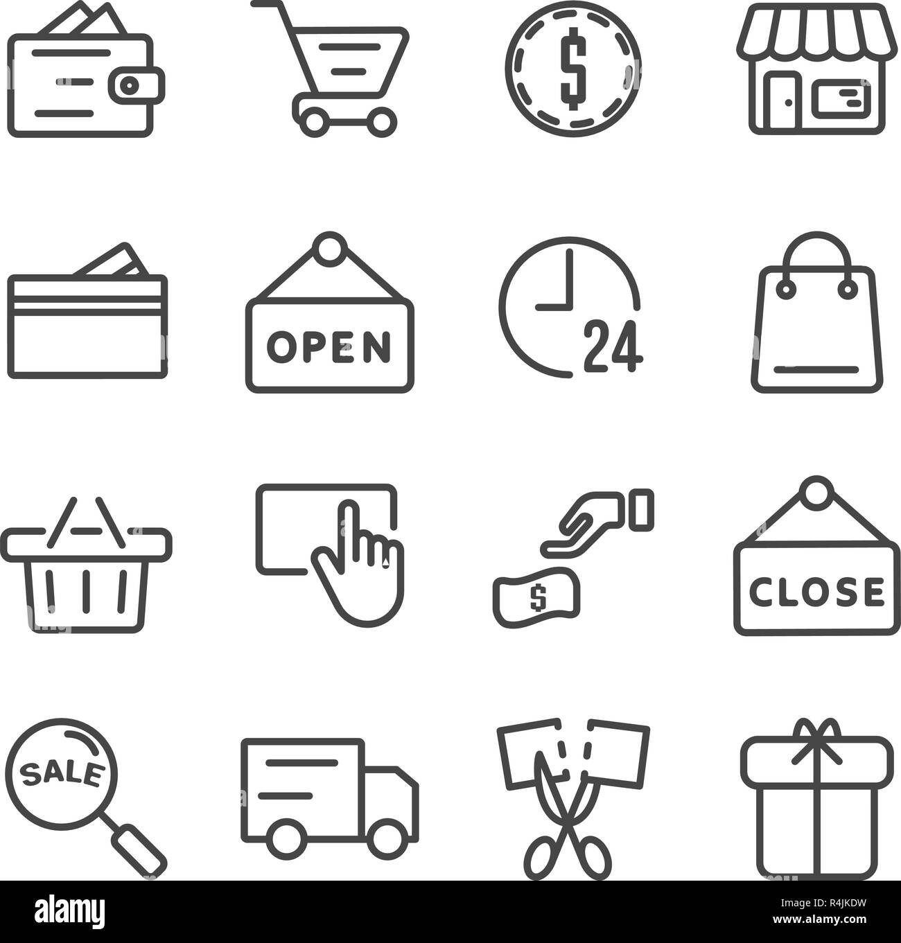 Shopping icon set. Black Friday and Cyber Monday concept Thin line icon theme. Outline stroke symbol icons. White isolated background. Illustration Stock Vector