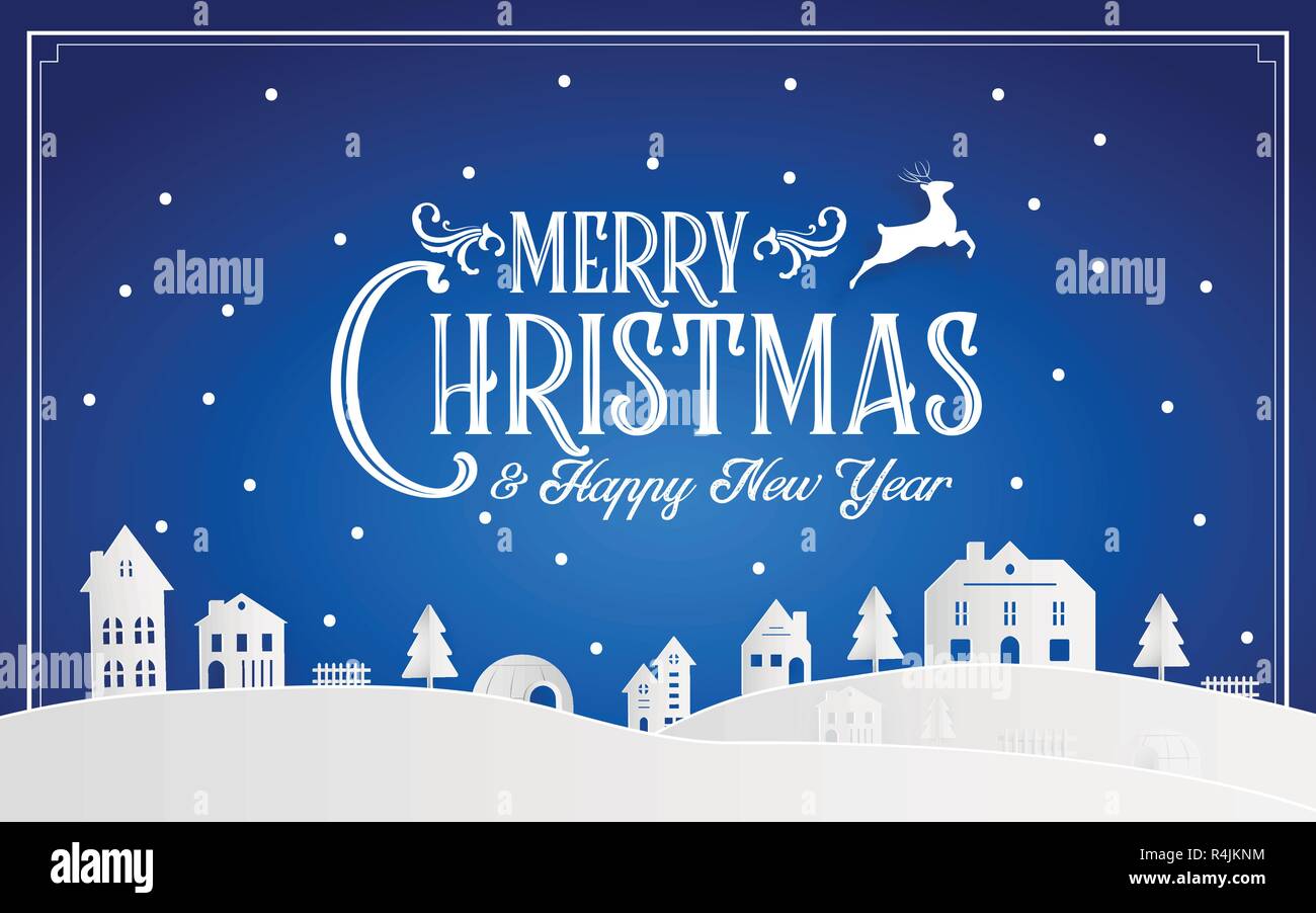 Merry Christmas and Happy New Year 2019 of snowy home town with typography font message. Blue color Paper art and digital craft Illustration vector ce Stock Vector