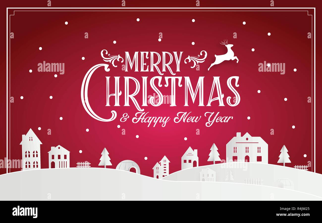 Merry Christmas and Happy New Year 2019 of snowy home town with typography font message. Red pink paper art and digital craft Illustration vector cele Stock Vector