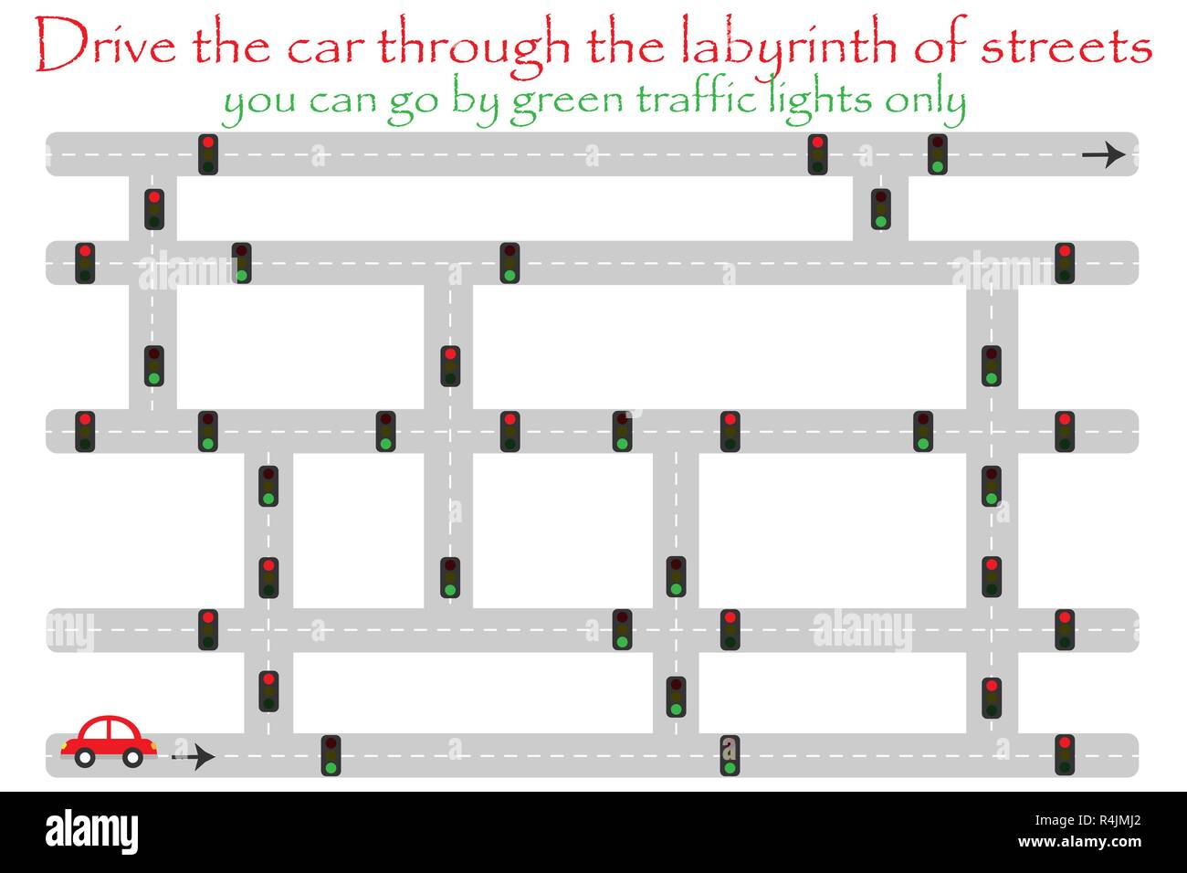 Drive car through labyrinth of streets, go by green traffic lights, fun ...