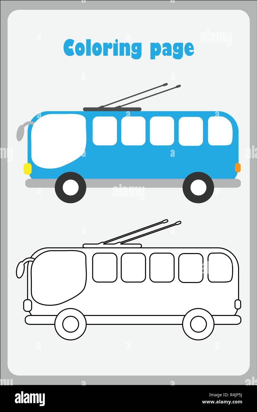 Trolleybus in cartoon style, coloring page, education paper game for ...