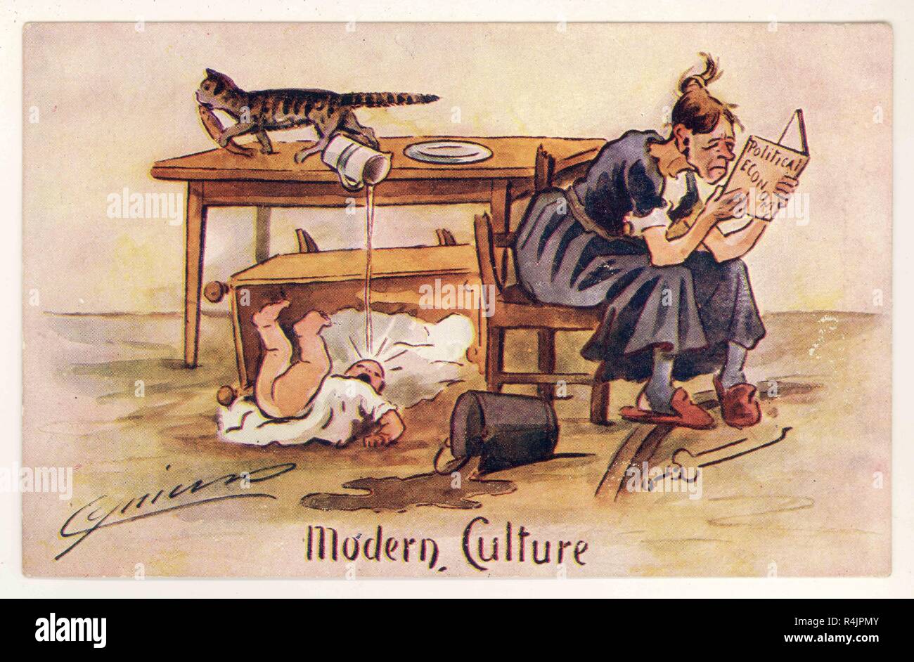 Anti Suffragette humorous satirical illustrated postcard entitled 'Modern Culture', showing a woman neglecting her duties to involve herself in politics by the Cynicus publishing Co. Tayport, Fife, U.K. Circa 1905 Stock Photo