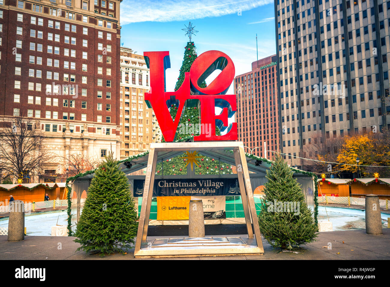 PHILADELPHIA - NOVEMBER, 30: Love Park named after the Love statue in Philadelphia, USA at Christmas time, on November, 30, 2015. The park located in Center City, Philadelphia Stock Photo