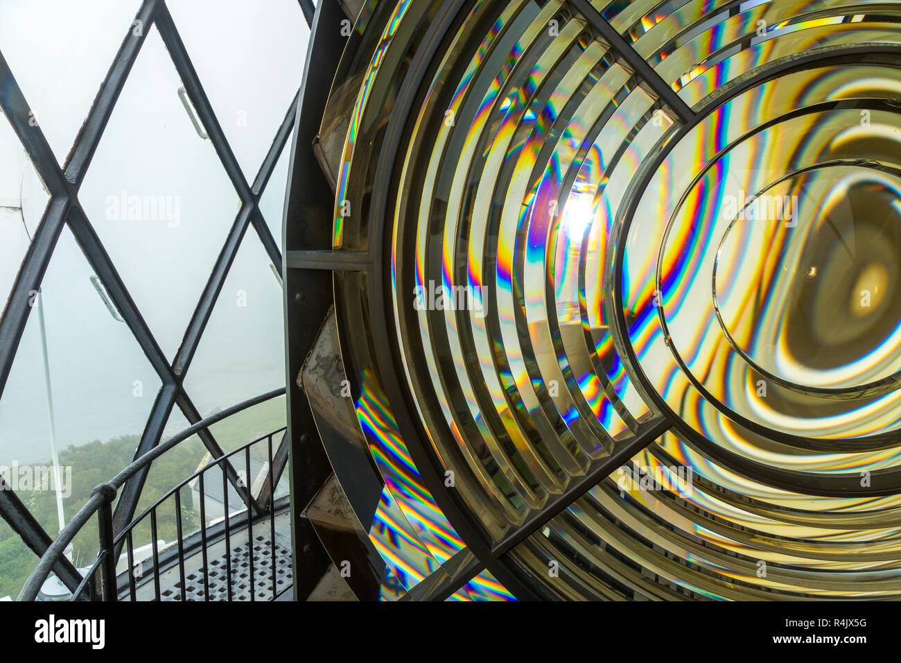 Shaped prisms which concentrate the light house lamp light into super powerful beam using a lightweight Fresnel lens. Saint Catherine's Lighthouse on the Isle of Wight. UK (98) Stock Photo
