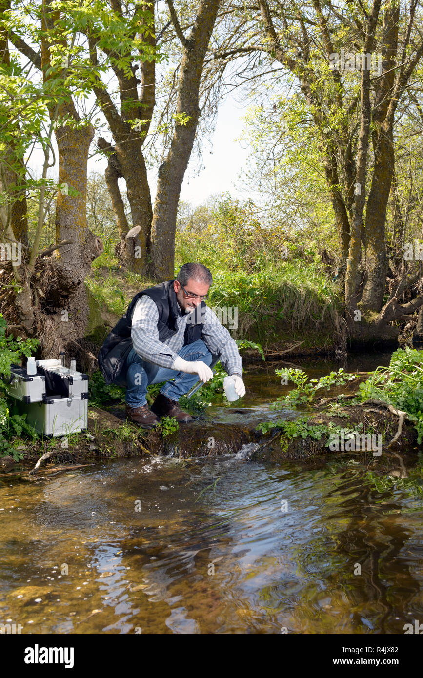 view of a biologist take a sample in a river. Stock Photo