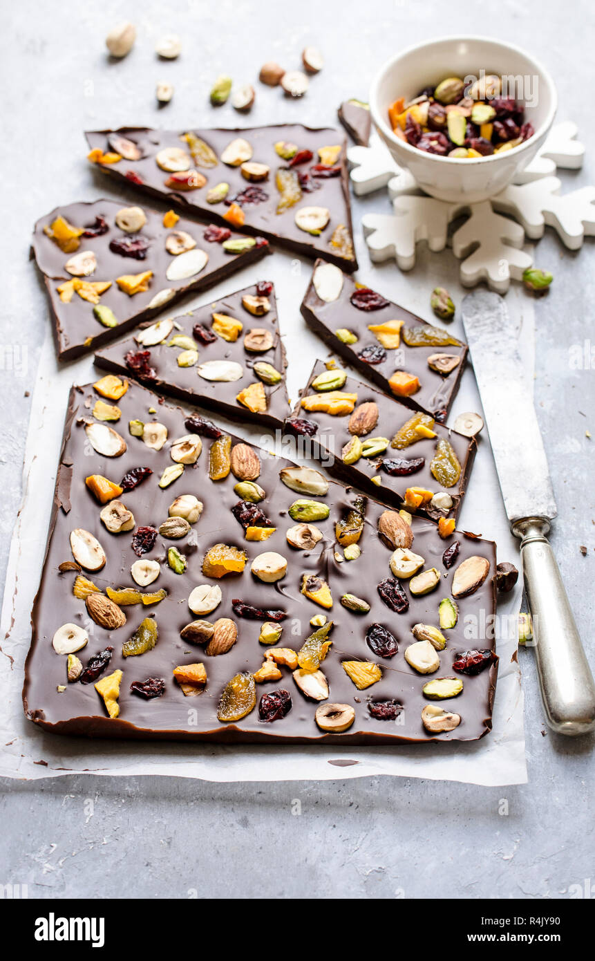Chocolate slab with dried fruits and nuts Stock Photo Alamy