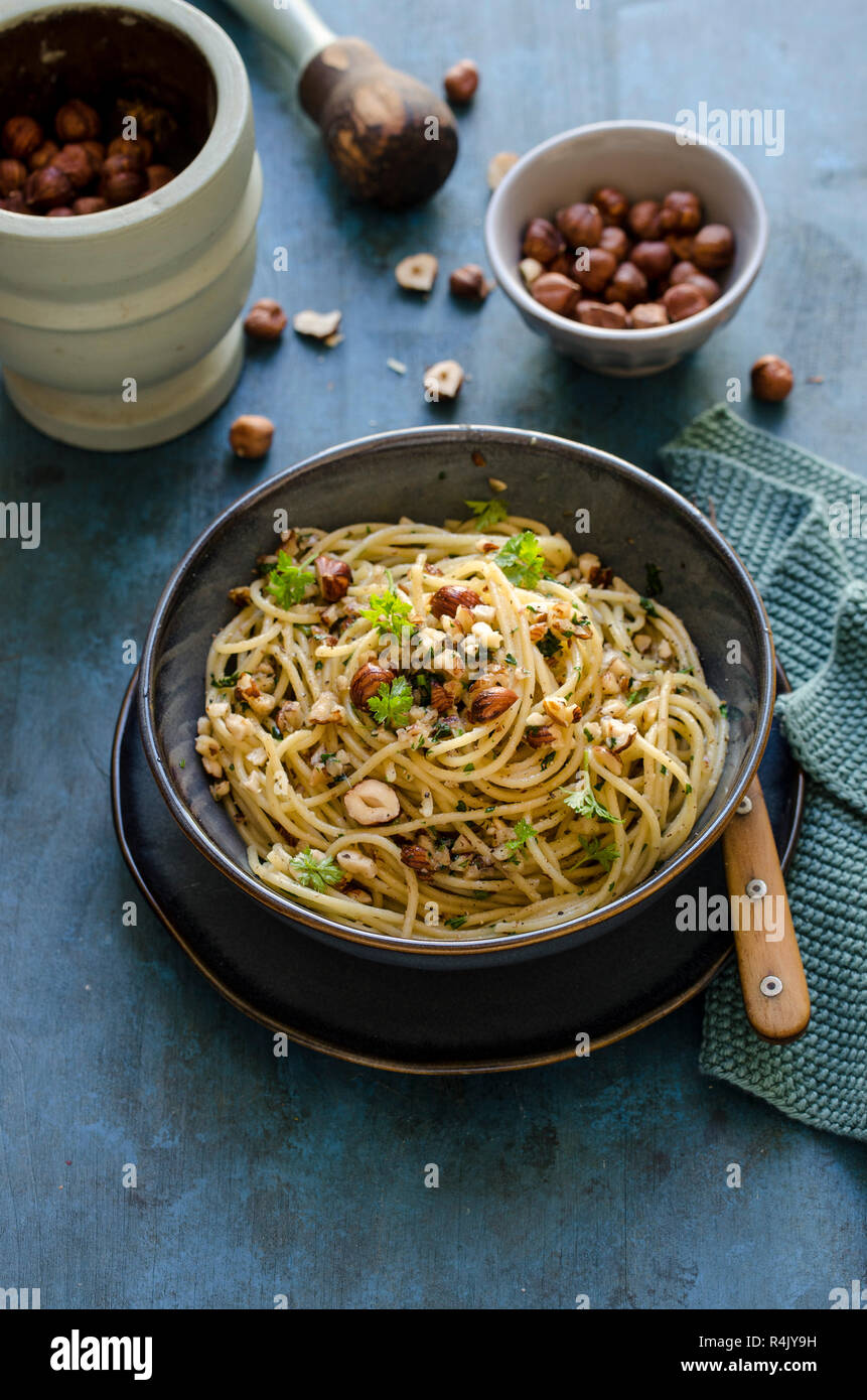 Spaghetti with hazelnut pesto Stock Photo Alamy