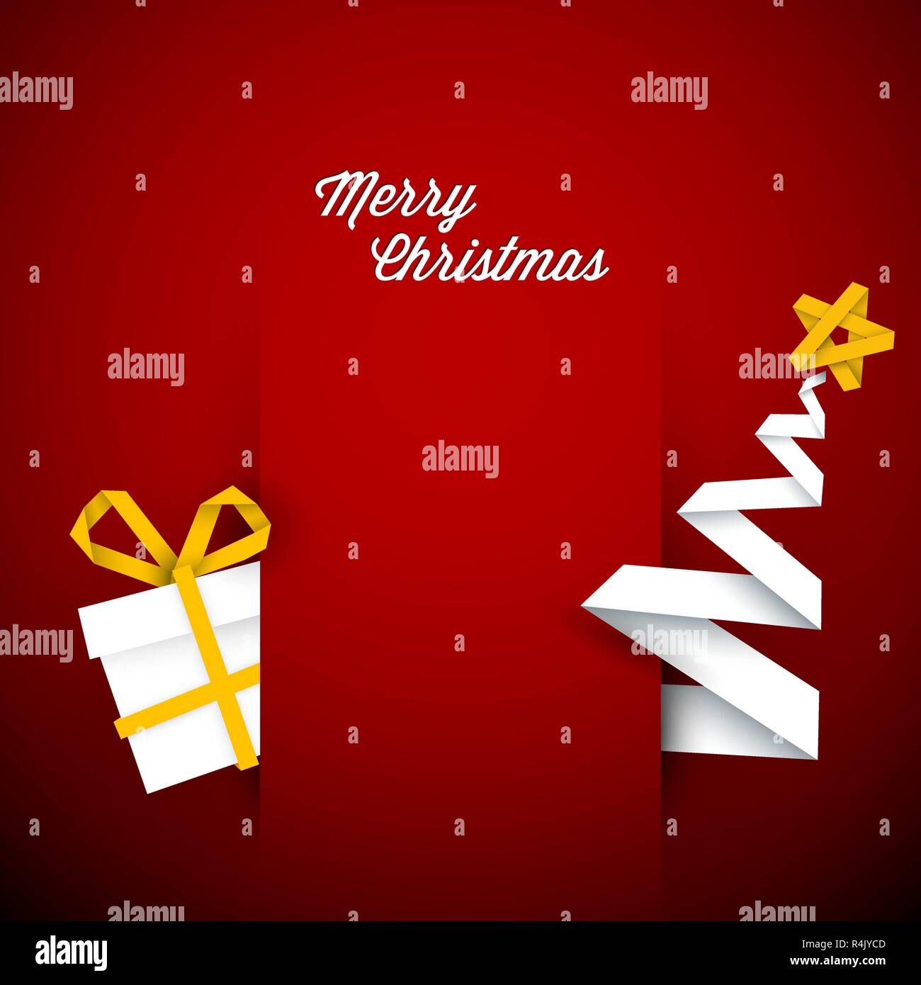 Simple vector red christmas card with gift and tree made from paper ...