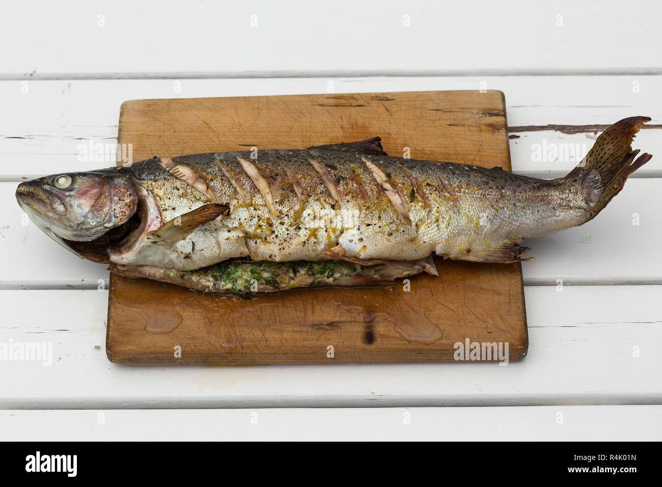 Oven Baked Stuffed Rainbow Trout Stock Photo Alamy