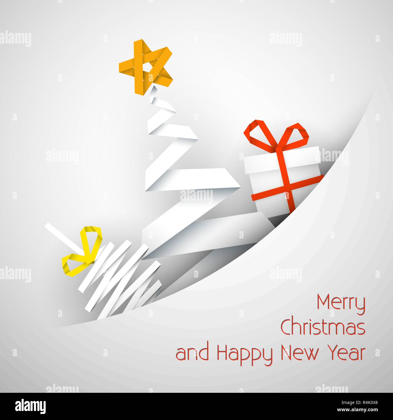 Simple vector white christmas card with gift, tree and bauble made from ...