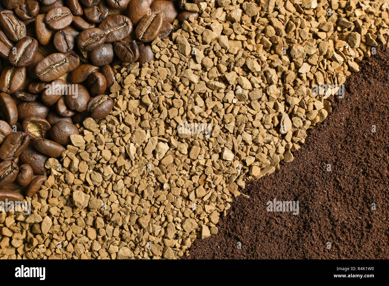 Three types of coffee in the form of diagonal strips coffee beans