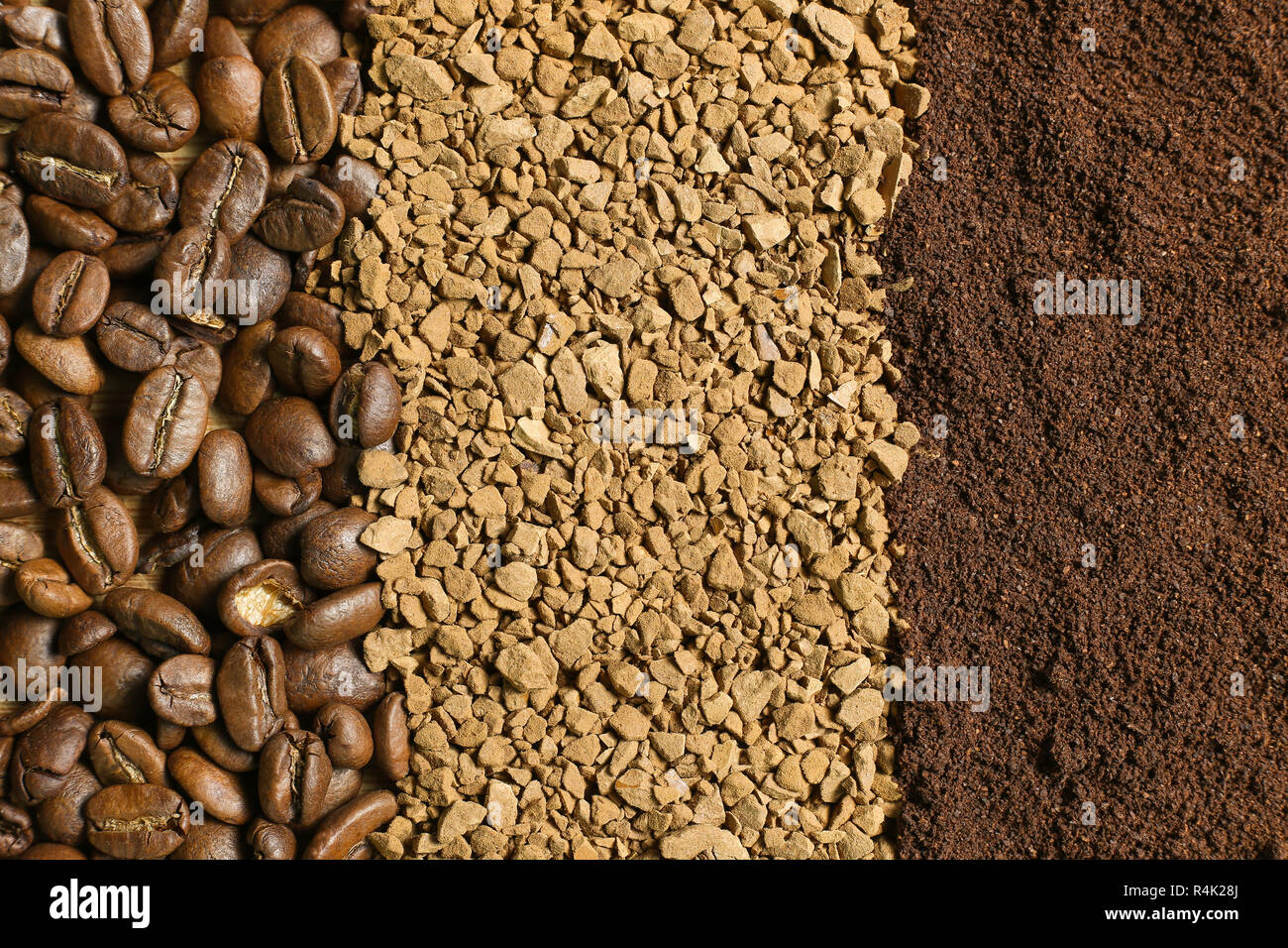 Three types of coffee in the form of strips coffee beans, ground coffee, instant coffee Stock