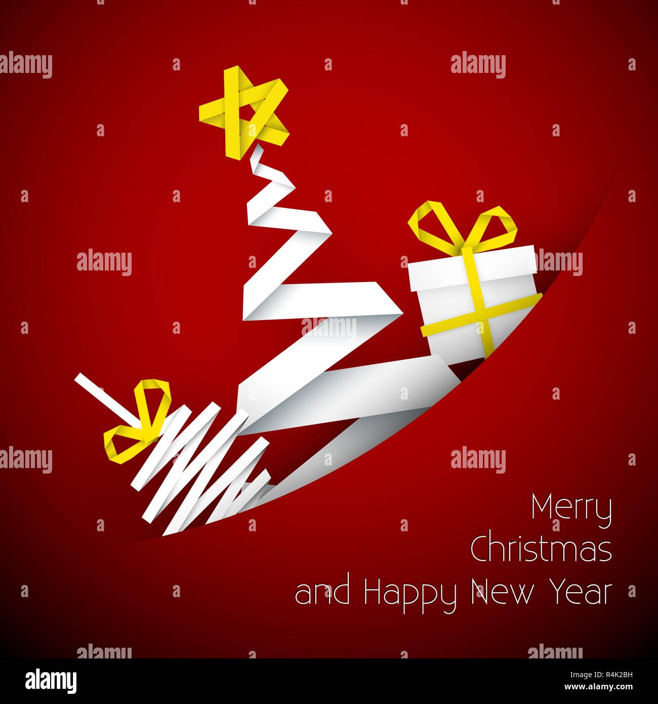 Simple vector red christmas card with gift, tree and bauble made from ...