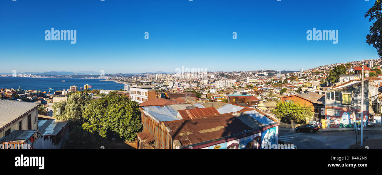Panoramic aerial view of Valparaiso from Plaza Bismarck at Cerro Carcel Hill - Valparaiso, Chile Stock Photo