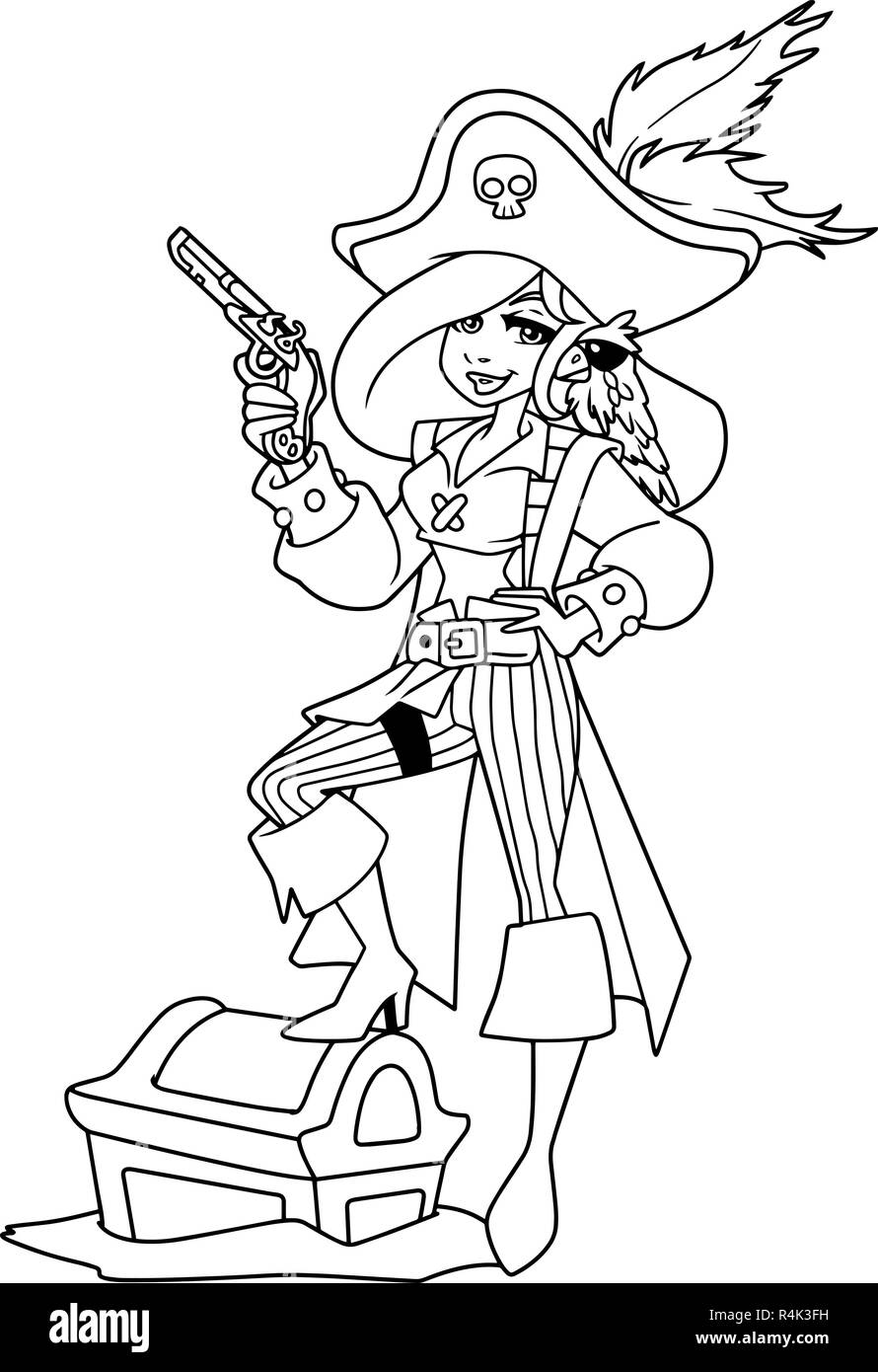 Pirate Girl Illustration Line Art Stock Vector