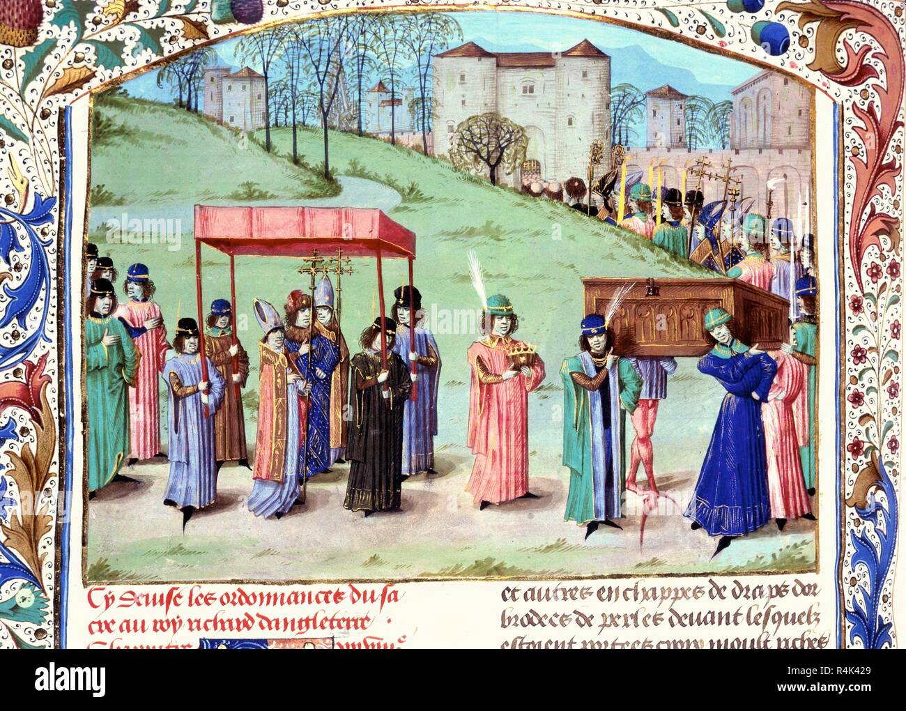 Coronation procession of King Richard I (1157-99) of England with barons of Conque Ports from Chronicles of England. Museum: BRITISH LIBRARY. Author: Jehan de Wavrin, chronicler. Master of the London Wavrin. Stock Photo