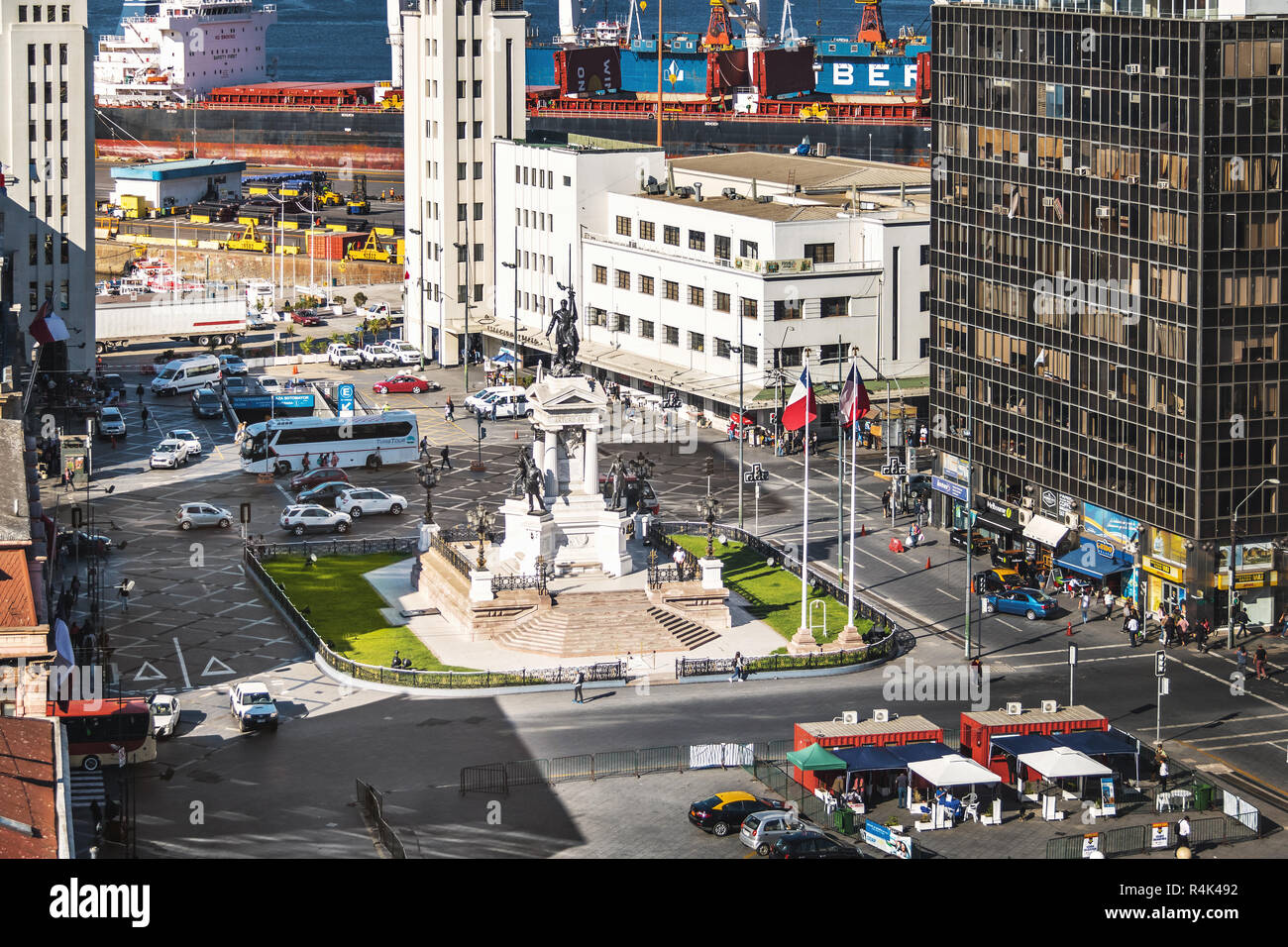 Aerial view of Plaza Sotomayor Square - Valparaiso, Chile Stock Photo