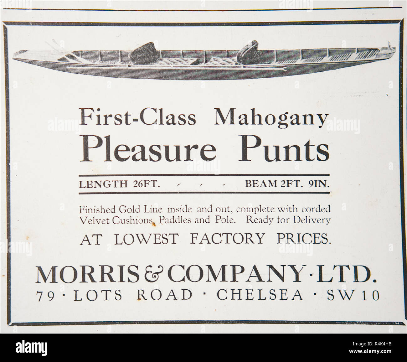 An old advert for Morris & Company mahogany pleasure punts. From an old British magazine from the 1914-1918 period. Stock Photo