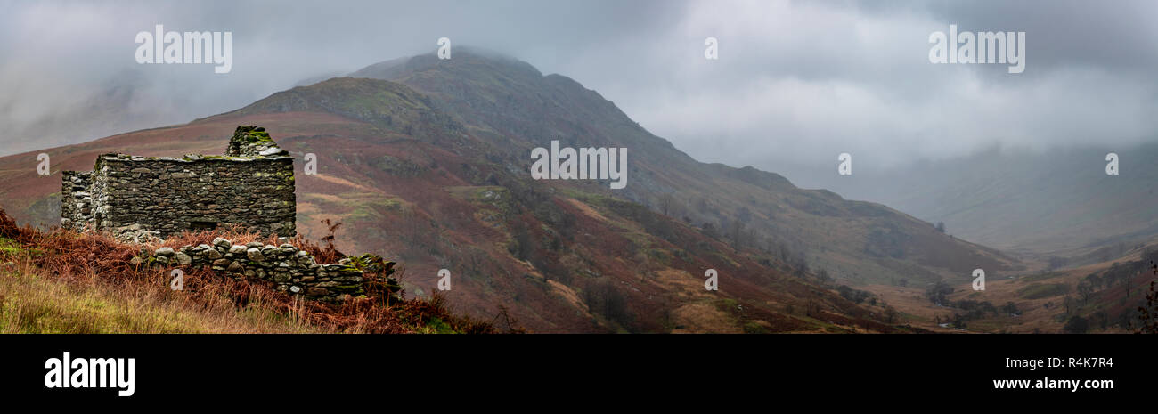 I love this view past the old ruined shieling up Woundale and on towards High Street, today hidden in the clouds and squalling heavy rain.  Nikon D850 Stock Photo