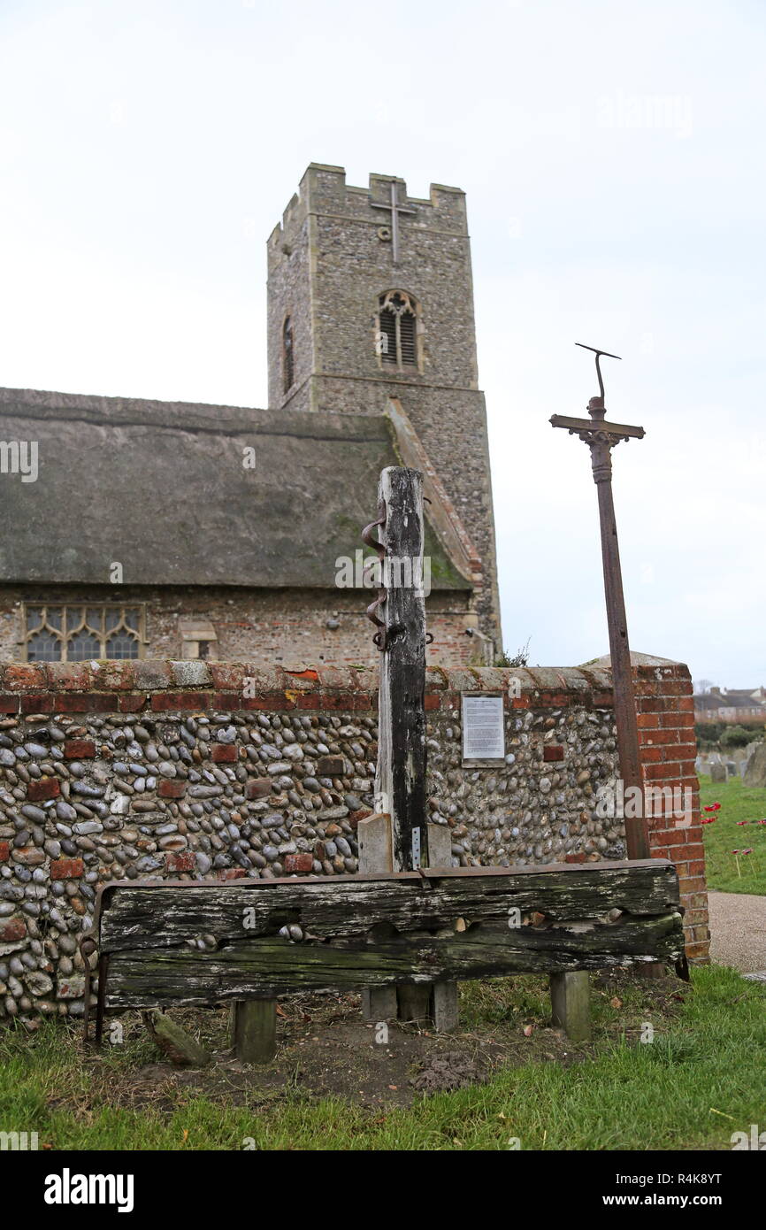 Stocks and Whipping Post, All Saints and St Margaret Church, Pakefield, Lowestoft, Waveney, Suffolk, East Anglia, England, Great Britain, UK, Europe Stock Photo