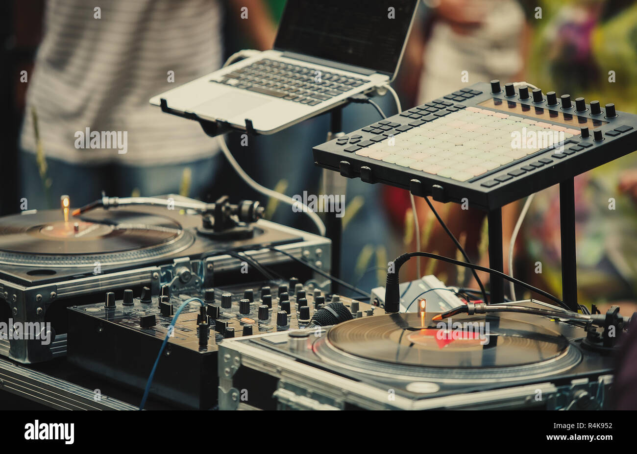 Professional dj audio setup on stage at summer open air music festival.Disc  jockey equipment for playing musical tracks on party outdoor.Vinyl records  Stock Photo - Alamy