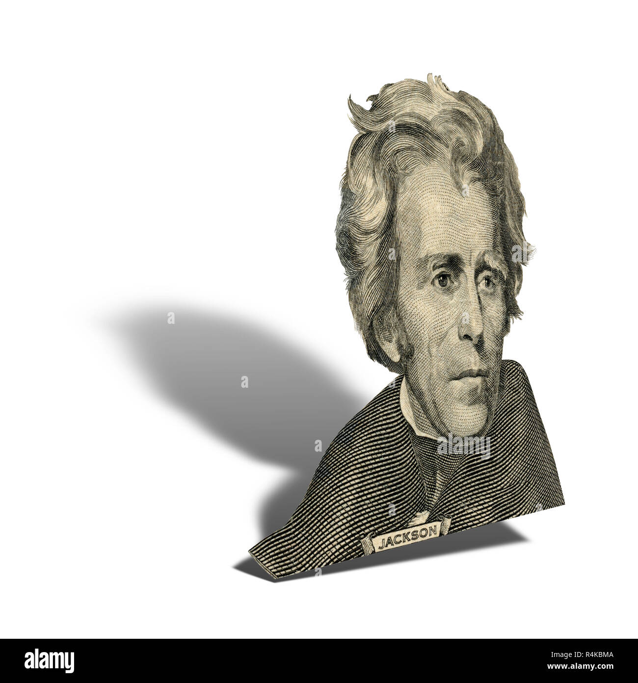 Portrait of former U.S. president Andrew Jackson as he looks on twenty dollar bill obverse.  Photo at an angle of 45 degrees, with a shadow. Stock Photo