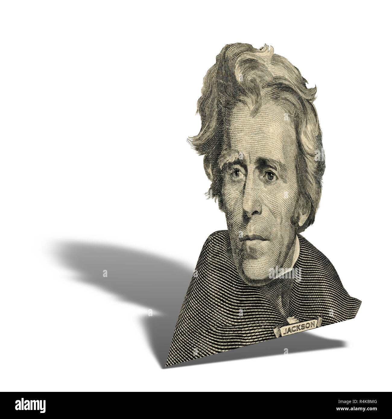 Portrait of former U.S. president Andrew Jackson as he looks on twenty dollar bill obverse.  Photo at an angle of 15 degrees, with a shadow. Stock Photo