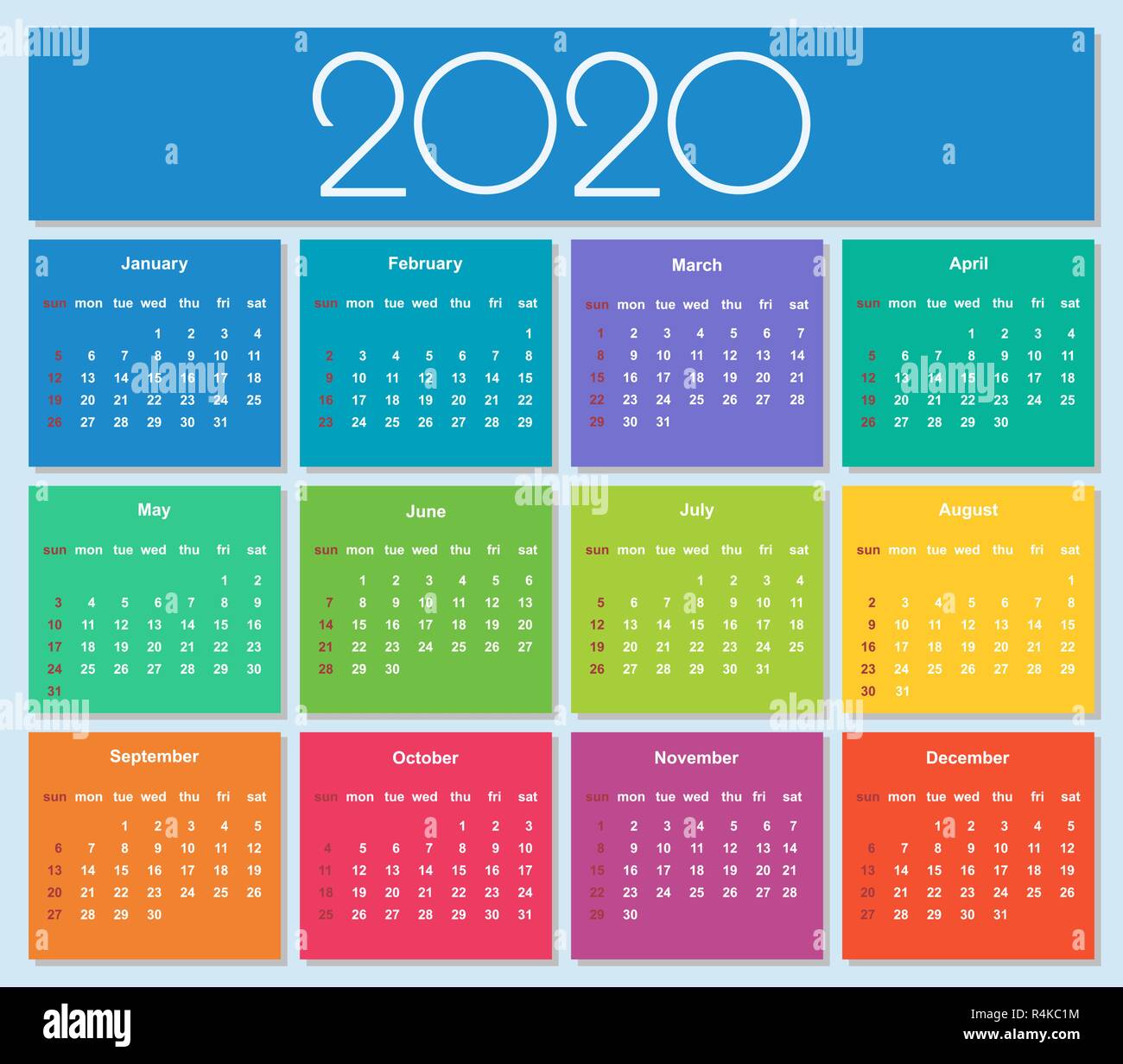 Colorful Year 2020 Calendar Simple Vector Template Isolated