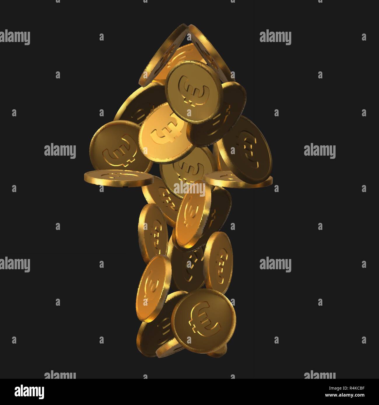 arrow shaped golden euro coins. realistic vector illustration. suitable for any economy, finance and money themes. Stock Vector