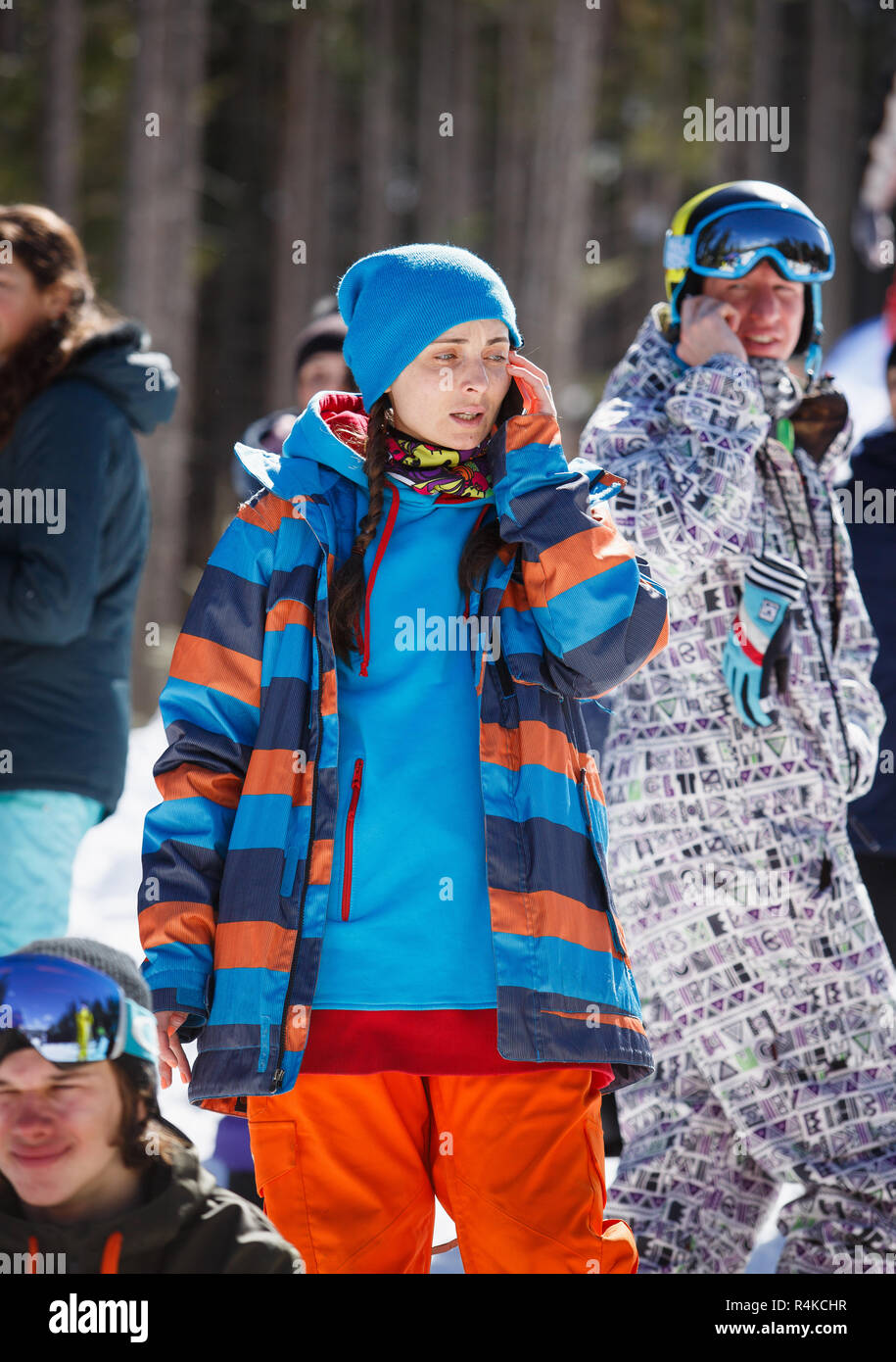 BUKOVEL UKRAINE 19 MARCH 2018 Cute rider girl wearing warm