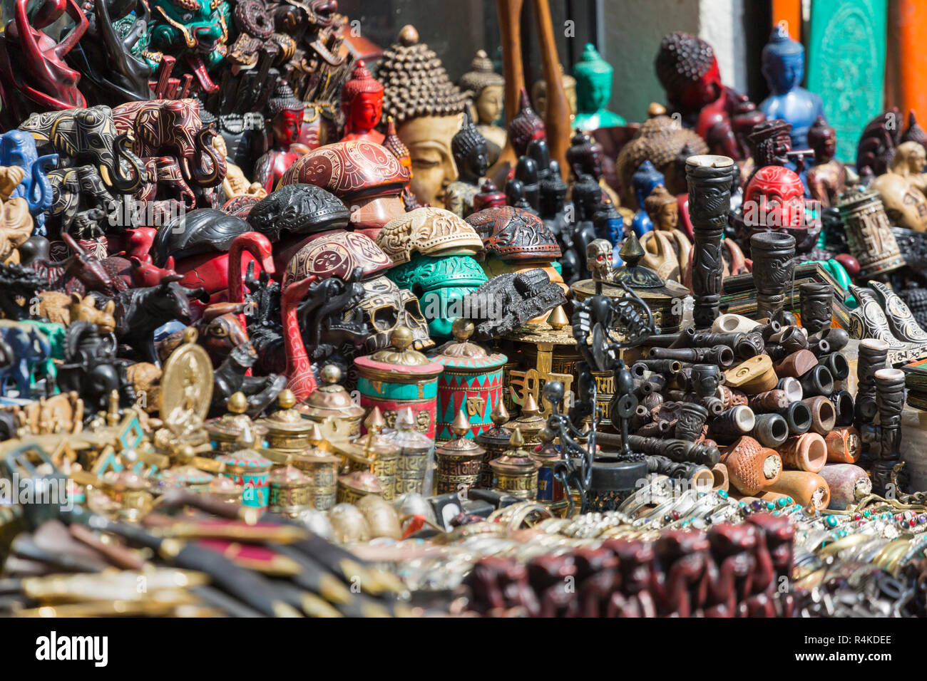 Masks, dolls and souvenirs in street shop at Durbar Square in Kathmandu, Nepal. Stock Photo